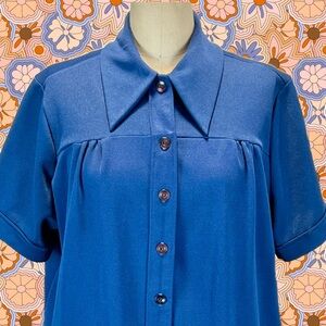 VINTAGE 70s pointed dagger disco collar shirt button front short sleeve‎ pockets